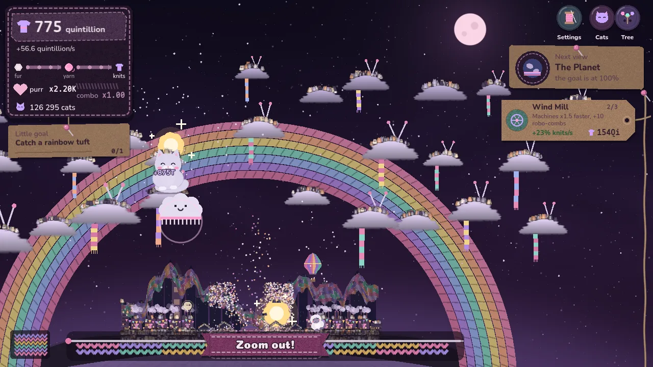 A knitted rainbow arching over a town covered in cats, yarn and fur clouds