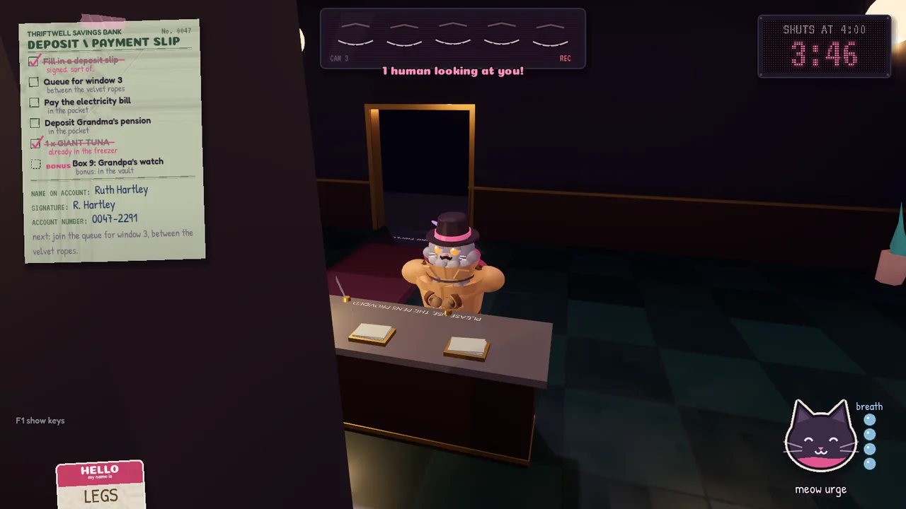 The cats in a trenchcoat queueing in a moody old bank with a vault door