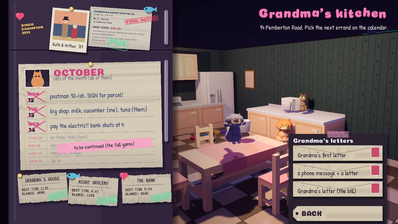 Grandma's kitchen: a fridge calendar of errands, a paid electric bill and pinned receipts