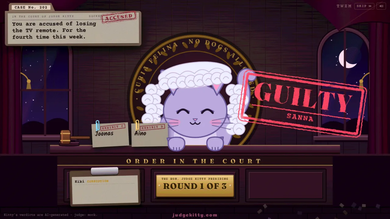 Judge Kitty in a curly white wig behind the bench, a red GUILTY stamp across the scene